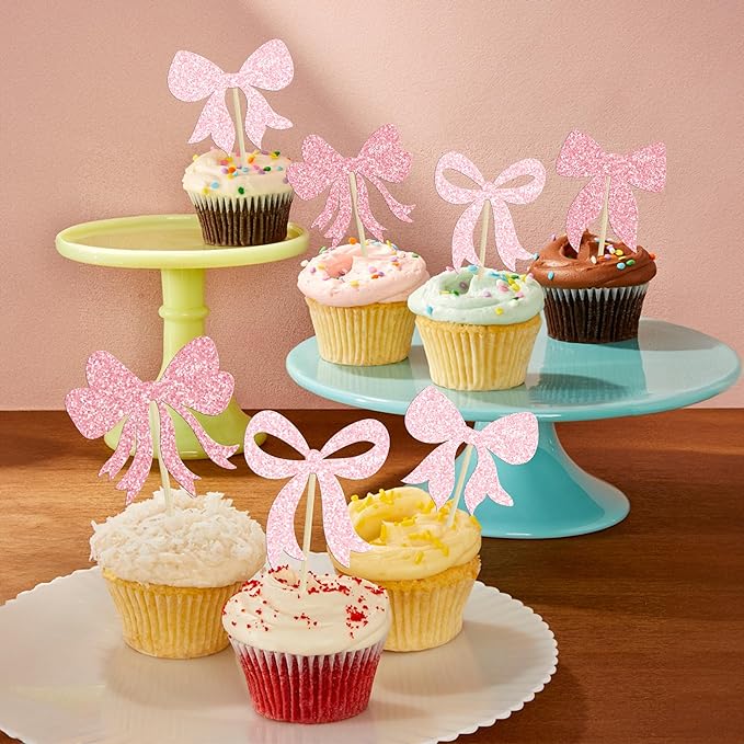 Gyufise 36Pcs Bow Cupcake Toppers Glitter Bowknot Cupcake Picks Bow Tie - Image 7