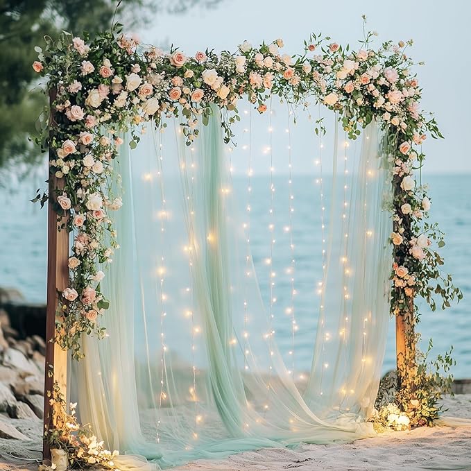 Tulle Backdrop Curtain with Lights String 10FT X 8FT Sage Green Sheer Tulle - Image 7