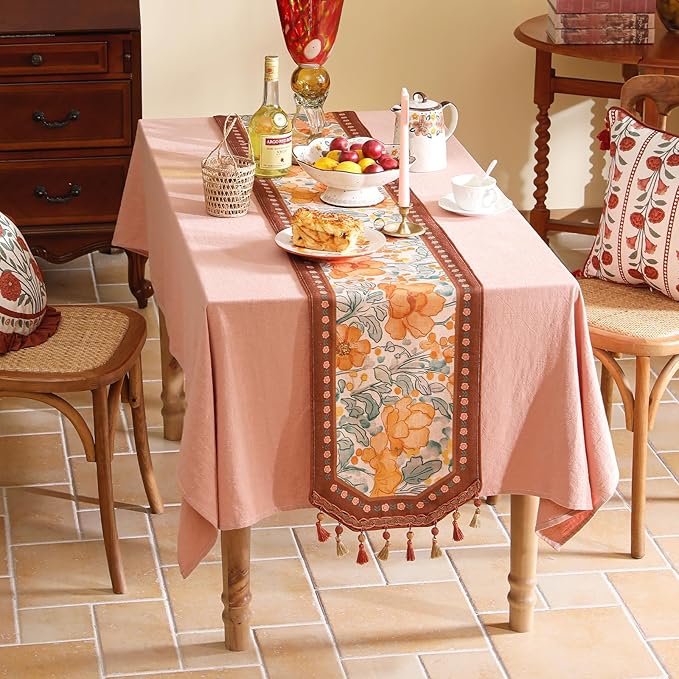 Designer Vintage Orange Floral Small Table Runner, French Farmhouse Soft Linen - Image 3