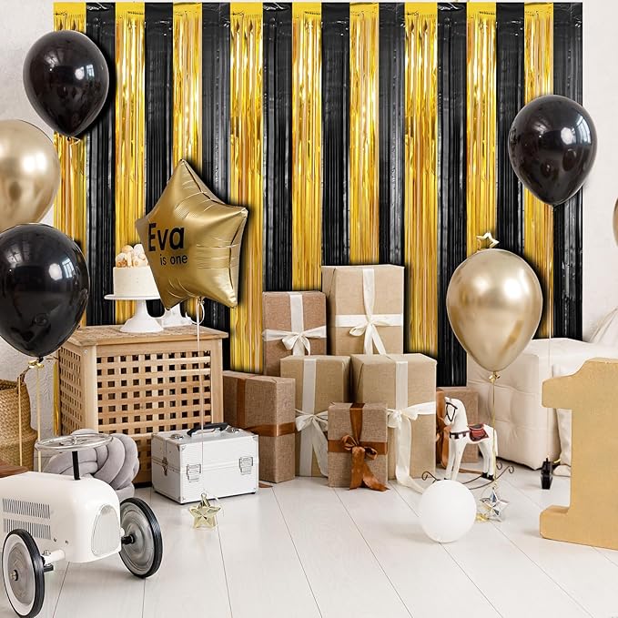 Crosize 2 Pack 3.3 x 9.9 ft Gold and Black Foil Fringe Curtains Party - Image 5