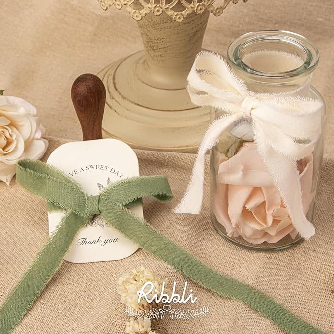 Ribbli 3 Rolls Green Ribbon 5/8 Inch x 18Yards Ivory Sage Moss Handmade Cotton - Image 3