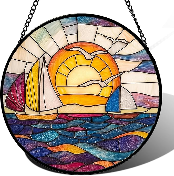Stained Glass Window Hanging, Sailboat and Waves Suncatcher Diamond Glass Panel by DASTOLL