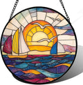 Stained Glass Window Hanging, Sailboat and Waves Suncatcher Diamond Glass Panel by DASTOLL