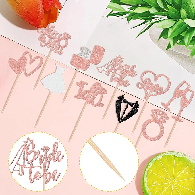30 PCS Bride to Be Cupcake Toppers Glitter Miss to Mrs I Do Love Heart Ring - Image 3