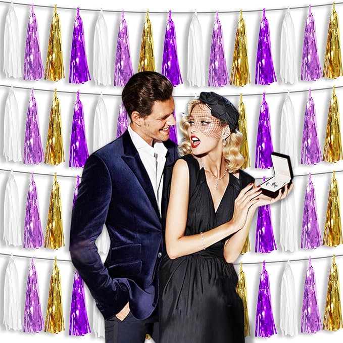 4P Purple-Gold Foil Fringe Tassel Banner Garland Metallic Tinsel Streamers Wall - Image 7