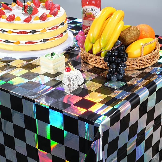 1Pack Black and Iridescent Checkered Plastic Tablecloth, Shiny Disposable Laser - Image 5