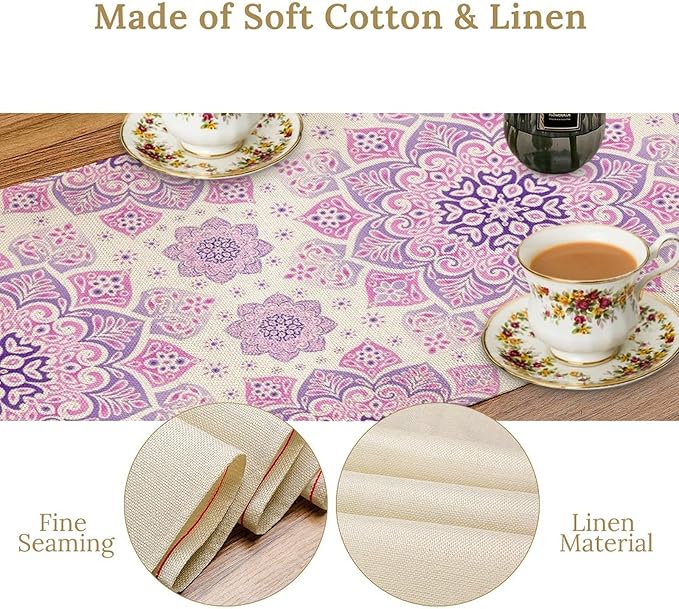 Purple Pink Mandala Table Runner, Traditional Indian Boho Mandala Flowers Print - Image 6
