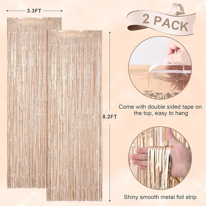 2 Pack Laser Champagne Foil Fringe Backdrop Curtains, Tinsel Streamers Birthday - Image 3