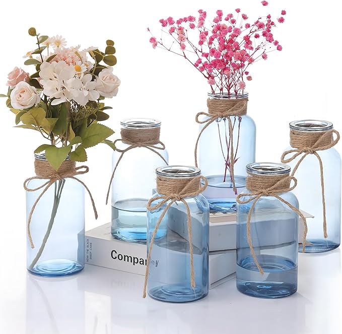 Blue Glass Flower Vases for Centerpieces Set of 6, Mason Jars Boho Cylinder Bud by Unknown