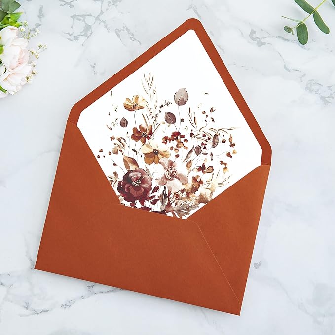 PONATIA 50PCS A7 Euro Flap Envelopes, 5.25 x 7.25'' Burnt Orange Flowers Liner - Image 9