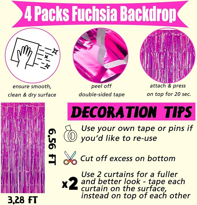 4 Pack Fuchsia Fringe Curtain Backdrop, 3.2Ft x 6.6Ft Metallic Tinsel Foil - Image 2