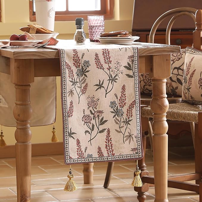 ISAENNE Designer Light Beige Linen Table Runner 71 Inches Long, Vintage Floral - Image 2