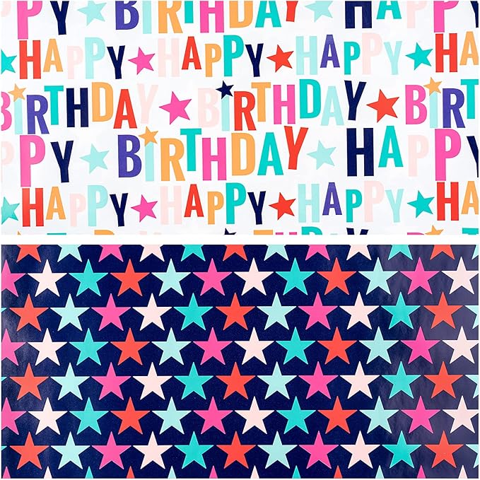 LeZakaa Reversible Stars Birthday Wrapping Paper Roll, Happy Birthday Lettering - Image 7