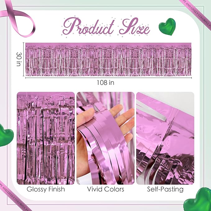 2 Pack Light Pink Green Table Skirts, 29x108" Metallic Foil Tinsel Fringe Table - Image 3