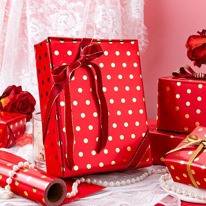 Flyhill Gold Foil Polka Dot Wrapping Paper Roll, Mini Roll Red Reversibl Gift - Image 5
