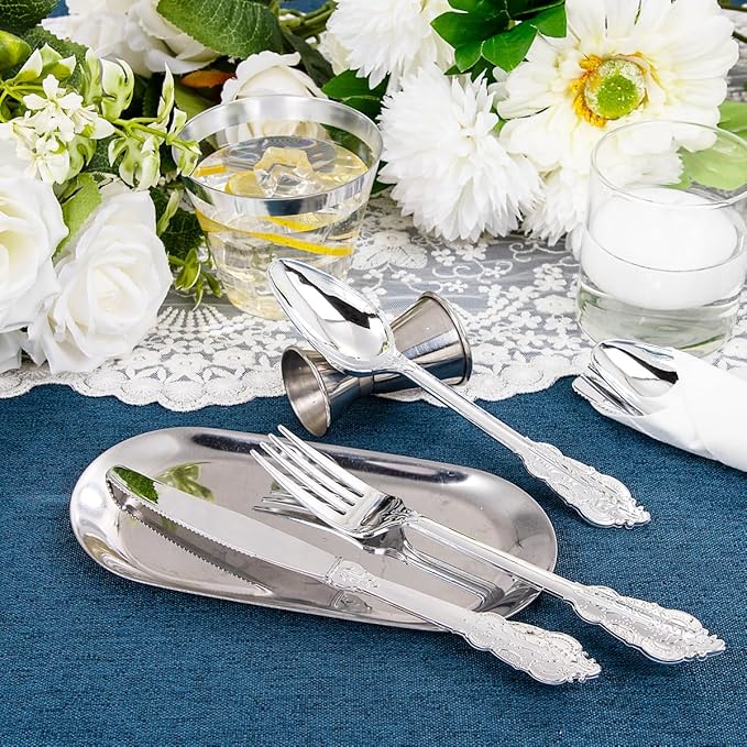 Liacere 350PCS Silver Plastic Plates-Disposable White and Silver Plates 50guest - Image 7
