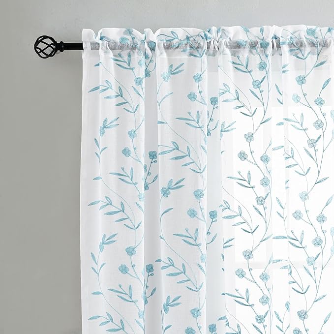White Embroidery Sheer Curtains White-Blue 95 Inches, Floral Window Treatments - Image 3