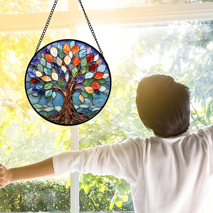 Stained Glass Window Hanging, Colorful Tree of Life Sun Catchers Glass Panel - Image 4
