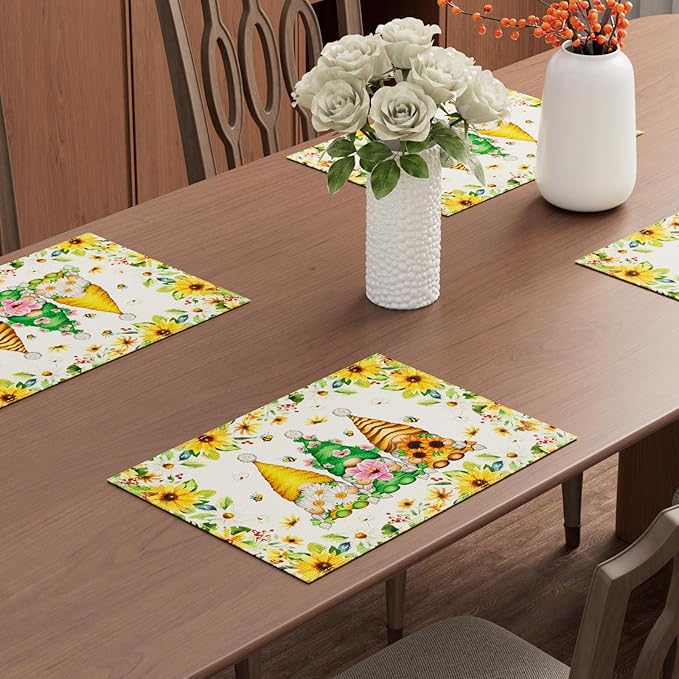 XCHI Daisies Flowers Gnomes Spring Placemats Set of 4 Table Mats Summer - Image 4