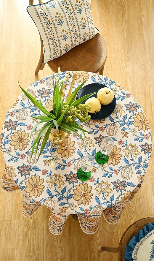 ISAENNE Designer Bohemian Floral Round Tablecloth, Linen Colorful Table Cloth - Image 7