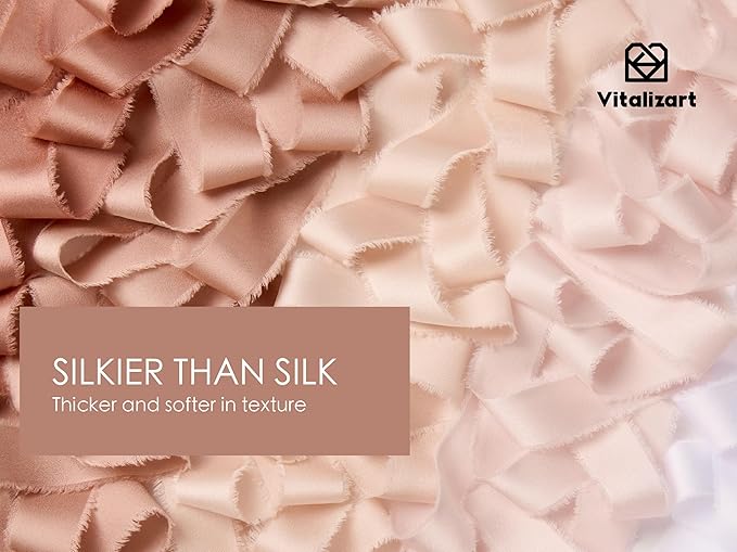 Vitalizart Silk Like Satin Ribbon 1 inch x 25 Yard Nude & White Handmade Frayed - Image 3