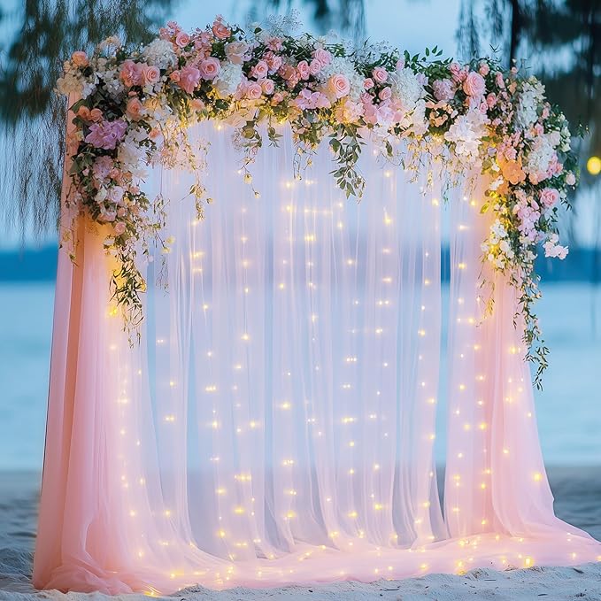 Tulle Backdrop Curtain with Lights String 10FT X 10FT Pink Sheer Tulle Backdrop - Image 7