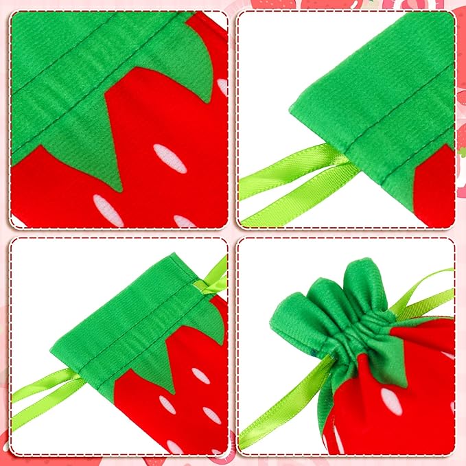 Whaline 12Pcs Strawberry Shaped Treat Bags Red Green Strawberry Drawstring Bags - Image 3