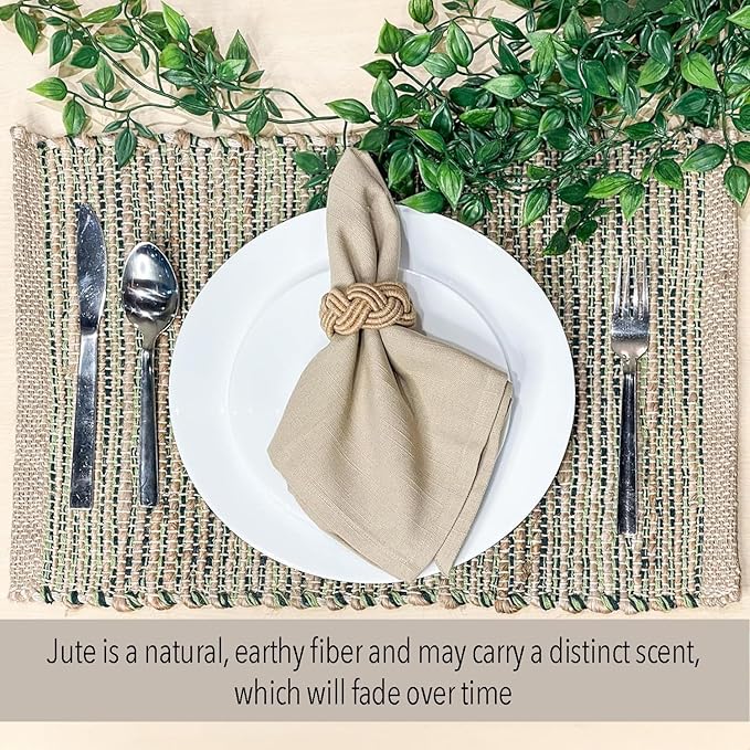 Chardin Home Natural Jute & Green Placemats, 13x19 Inch Dining Table Placemats - Image 2