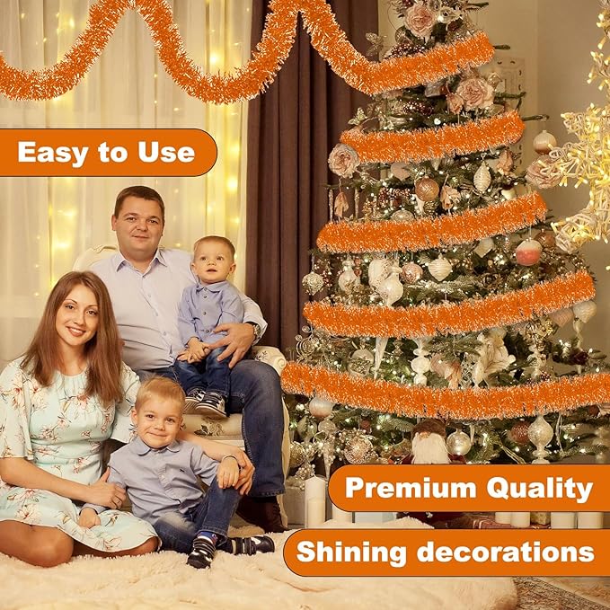 50 Feet Macaron Orange Christmas Tinsel Garland, Metallic Foil Twist Banner - Image 4