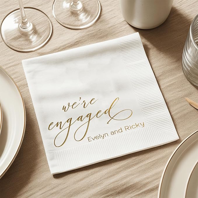Luxury Personalized Engagement Napkins, We're Engaged, Custom Cocktail Napkins - Image 4