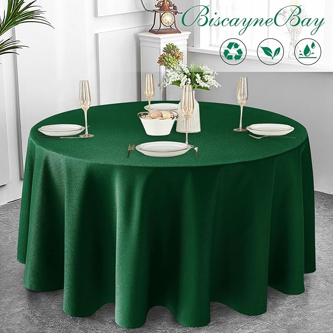 Biscaynebay Textured Fabric Christmas Round Table Cloth 90", Hunter Green Water - Image 6