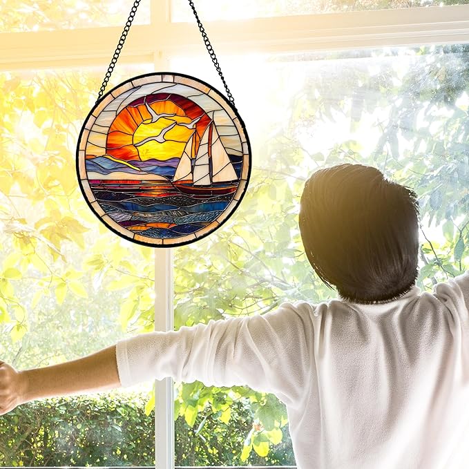 Stained Glass Window Hanging, Sun Ocean Sailboat Seagull Abstract Suncatcher - Image 3