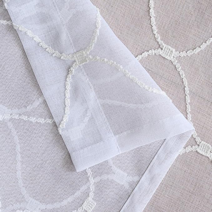 Sheer Curtains White 45 Inches, Wavy Diamond Embroidered Rod Pocket Voile Drapes - Image 7