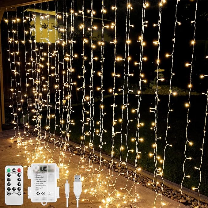 LE Fairy Curtain Lights Battery Operated & USB Plug in, Remote 10 x 10 ft by LightingEVER
