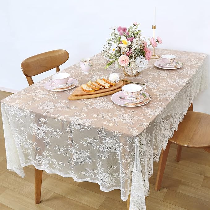 LuoluoHouse Rustic Ivory Wedding Tablecloths Lace Chic Rectangular Tablecloths - Image 2