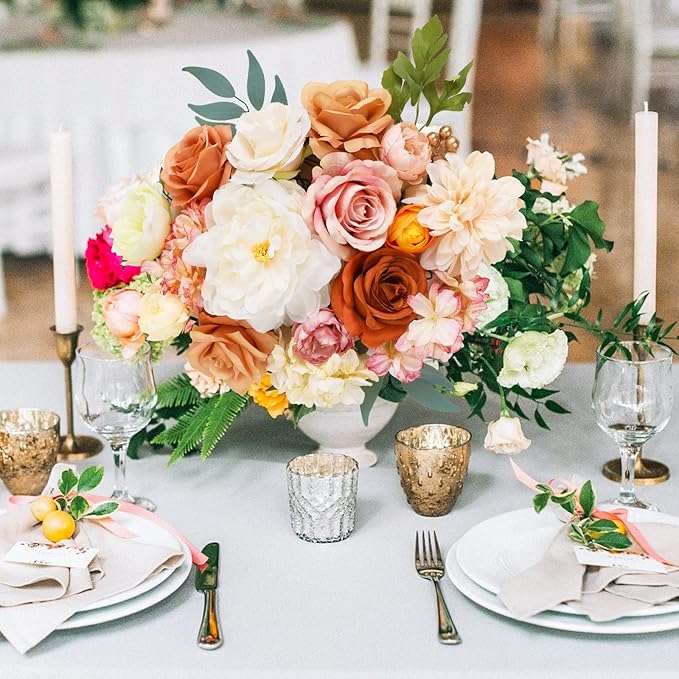 AmyHomie Champagne Artificial Flowers Combo Silk Mix Peony Rose Hydrangea Fake - Image 2