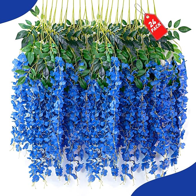24 Pack Royal Blue Wisteria Hanging Flowers, 3.4 Ft Fake Hanging Flowers by ZEBMOON