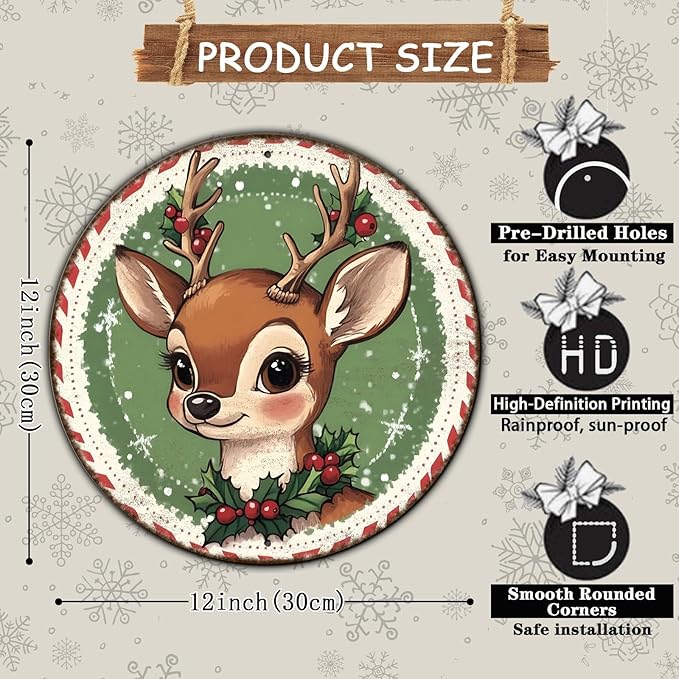 Round Retro Reindeer Metal Tin Sign - Image 2