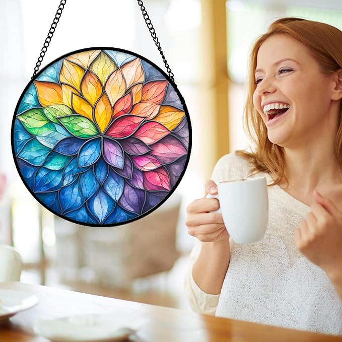 Stained Glass Window Hanging, Colorful Flower Petals Sun Catchers Diamond Glass - Image 4