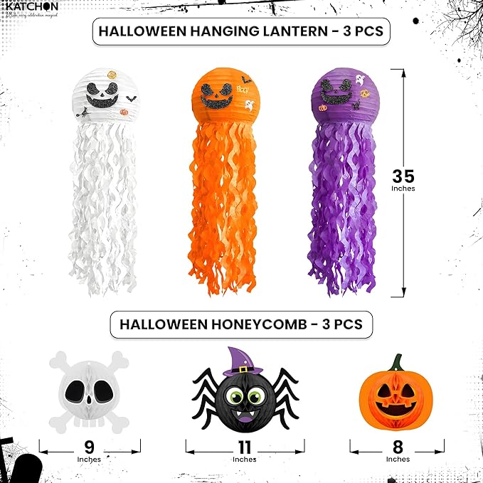 KatchOn, Halloween Paper Lanterns & Honeycomb Set – Pack 6 | Hanging Halloween - Image 2