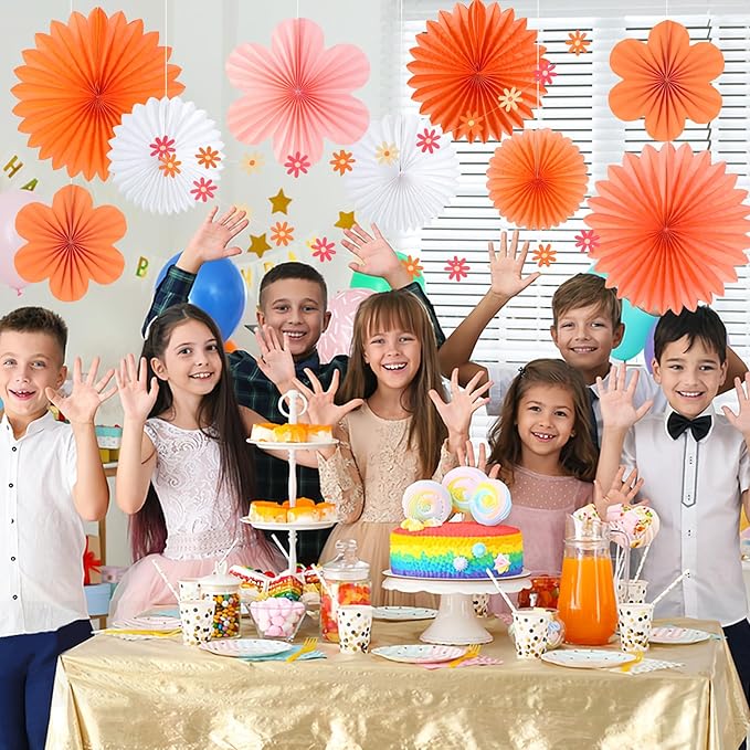 SUNBEAUTY Paper Fans Decorations Pink and Orange Party Decorations Flower Party - Image 6