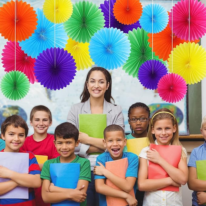 MotiMind 24 Pcs Rainbow Paper Fans Rainbow Party Decorations Classroom Decor - Image 5
