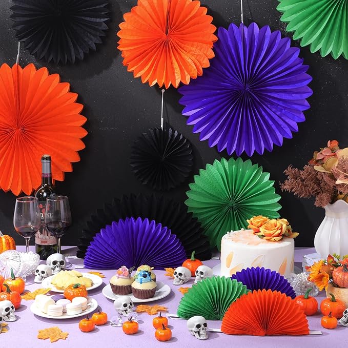 MotiMind 24 Pcs Halloween Paper Fans Party Decorations Black Orange Purple - Image 3