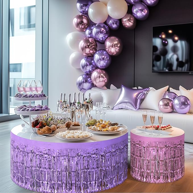 3 Pack Light Pink & Blue & Purple Table Skirts, 29x108" Metallic Foil Tinsel - Image 9