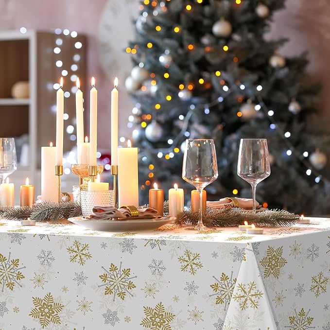 12Pcs Christmas Snowflake Party Tablecloths Decorations, Plastic White and Gold - Image 6