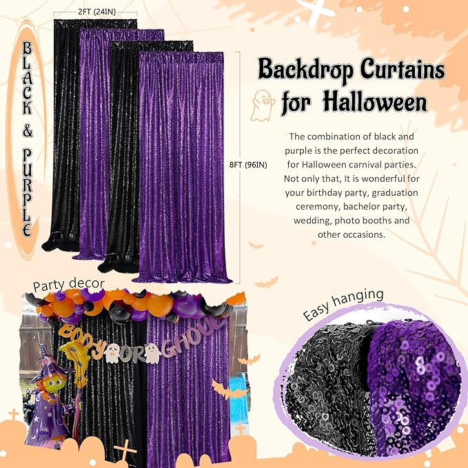 Purple Sequin Backdrop 2 Panels 2FTx8FT Glitter Halloween Party Backdrop - Image 3