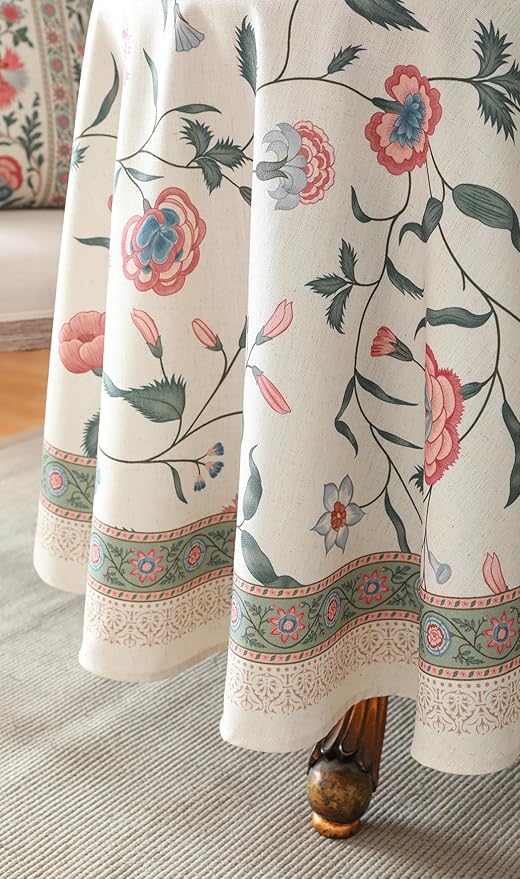 ISAENNE Designer Chinoiserie Linen Floral Round Tablecloth, Elegant Decor - Image 6