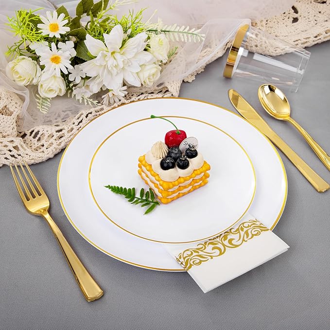 Supernal 350pcs White and Gold Plastic Plates, 150 Gold Silverware Set - Image 5