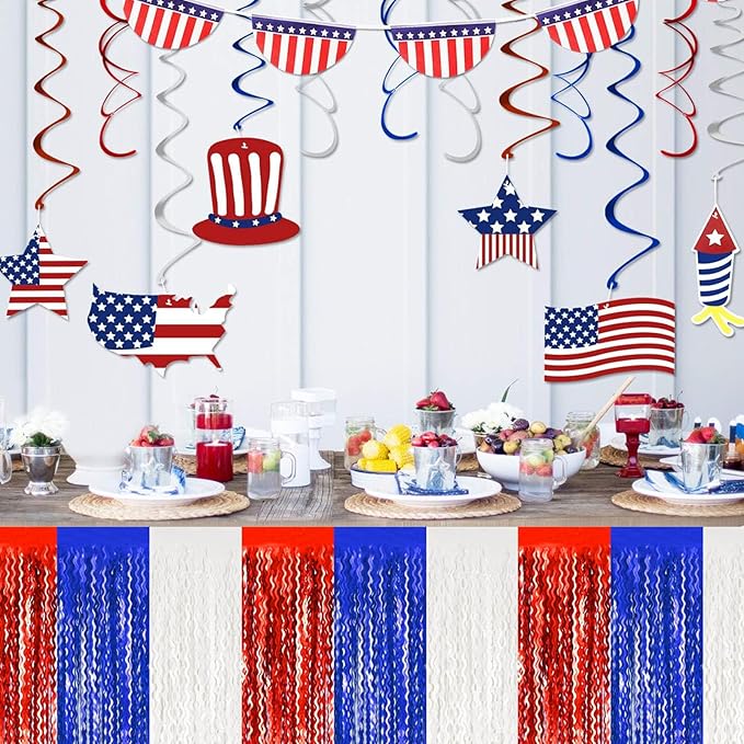 6 Pack 29 x108 Inch White Blue Red Wave Foil Fringe Table Skirts Metallic Banner - Image 6