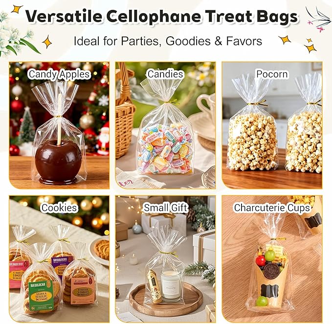 PigPotParty Cellophane Treat Bags 6"x9", 50 Pack Clear Goodie Bags, 2.4" Bottom - Image 3